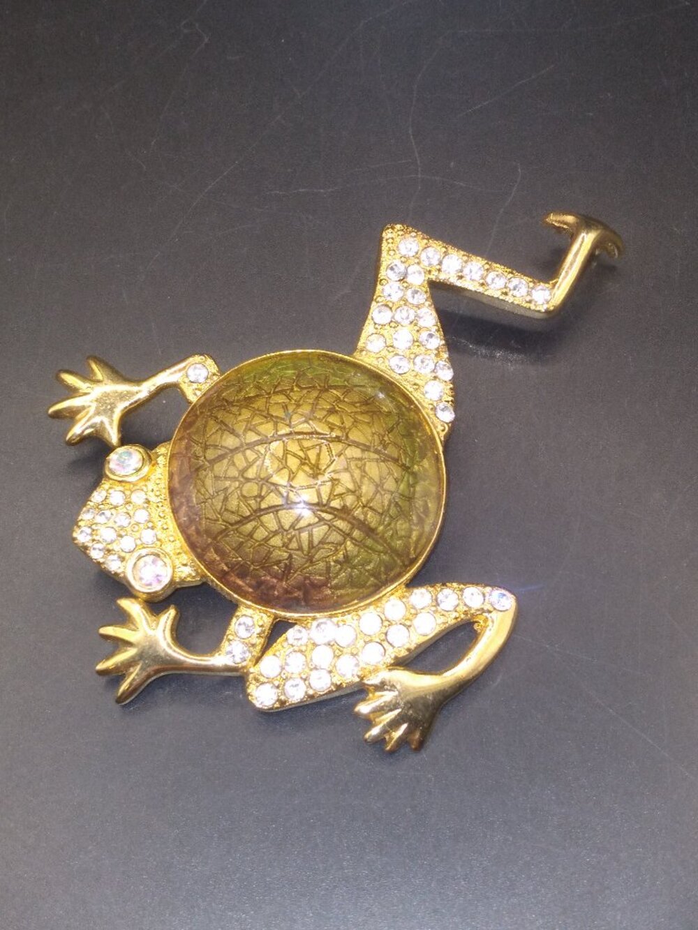 Vintage Signed SJ St. John Rhinestone Gold Tone Frog Brooch